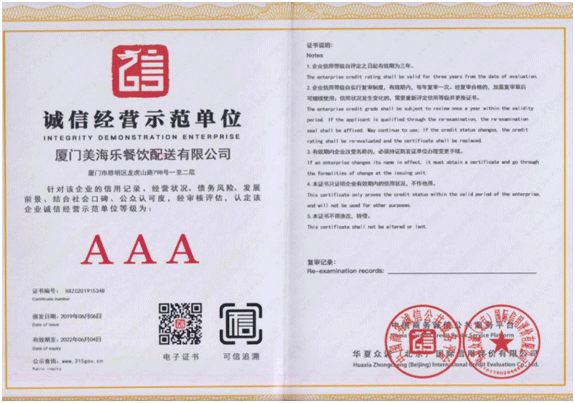 诚信经营示范单位